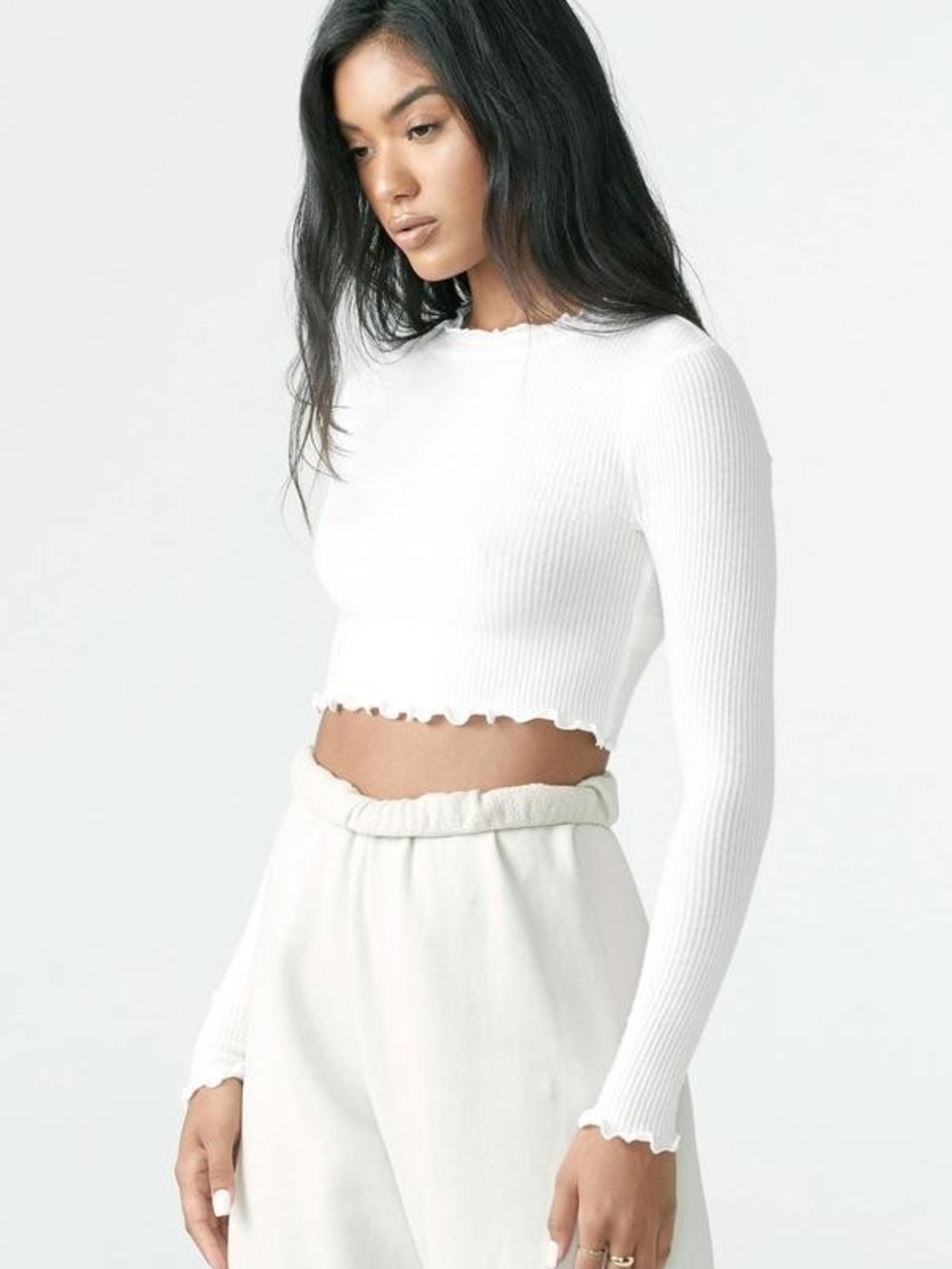 Joah Brown Ribbed Scalloped Long Sleeve In Ivory